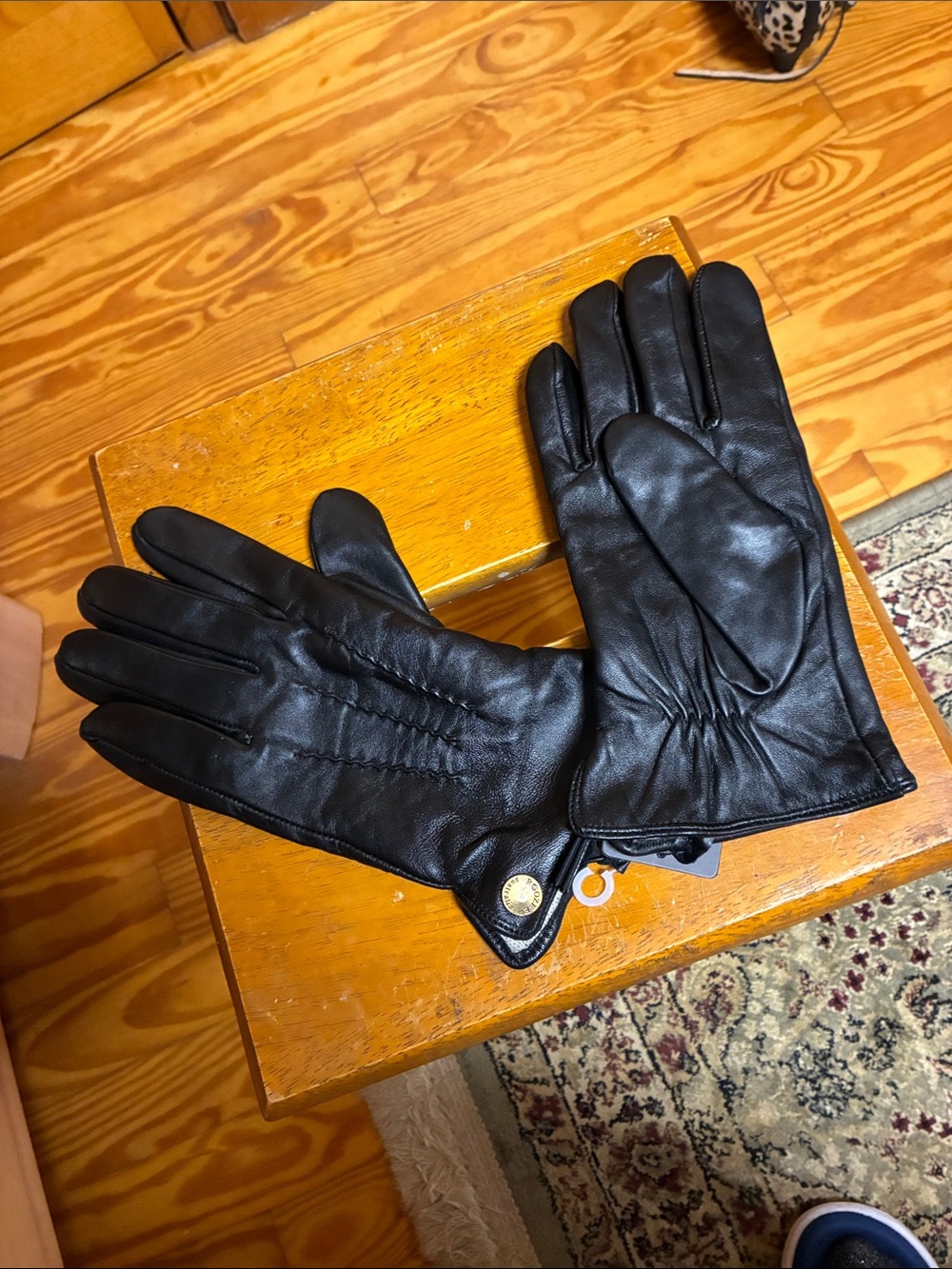 Men's Black Leather Gloves with Button Detail